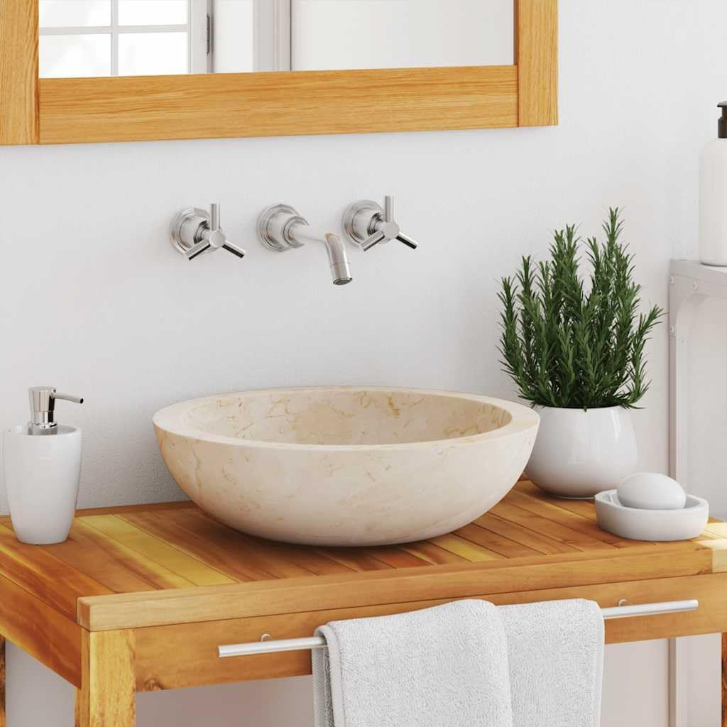 Handcrafted Marble Vessel Sink, 15.7 inch Cream Stone Wash Basin for Bathroom Vanity, Modern Natural Marble Bowl Sink with Smooth Exterior Finish