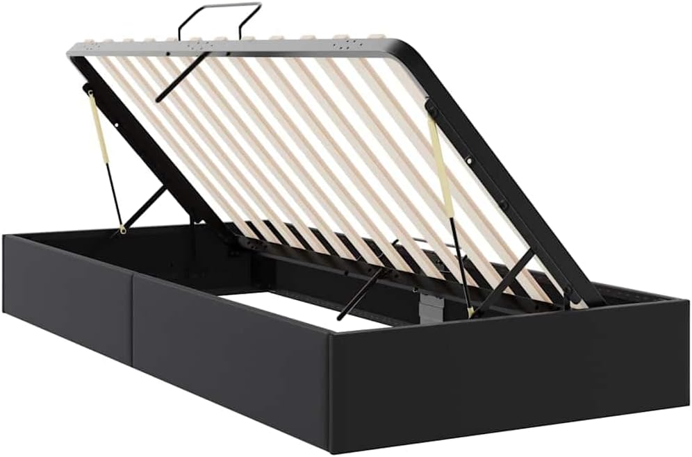 Twin XL Storage Bed with Mattress, Upholstered Faux Leather Platform Bed Frame with Hydraulic Lift Storage, Modern Hydraulic Bedroom Furniture, Black
