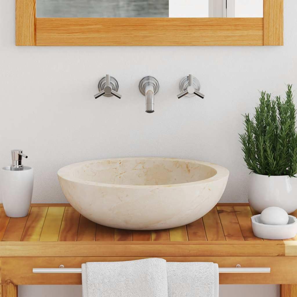 Handcrafted Marble Vessel Sink, 15.7 inch Cream Stone Wash Basin for Bathroom Vanity, Modern Natural Marble Bowl Sink with Smooth Exterior Finish