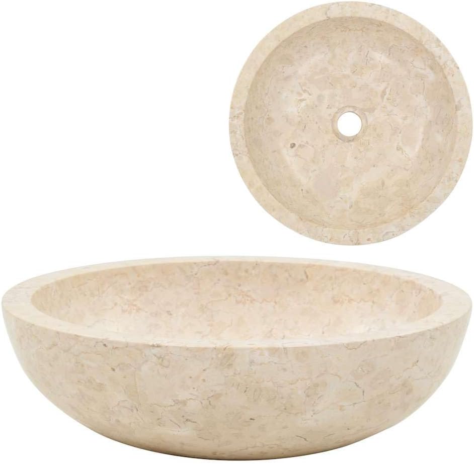 Handcrafted Marble Vessel Sink, 15.7 inch Cream Stone Wash Basin for Bathroom Vanity, Modern Natural Marble Bowl Sink with Smooth Exterior Finish