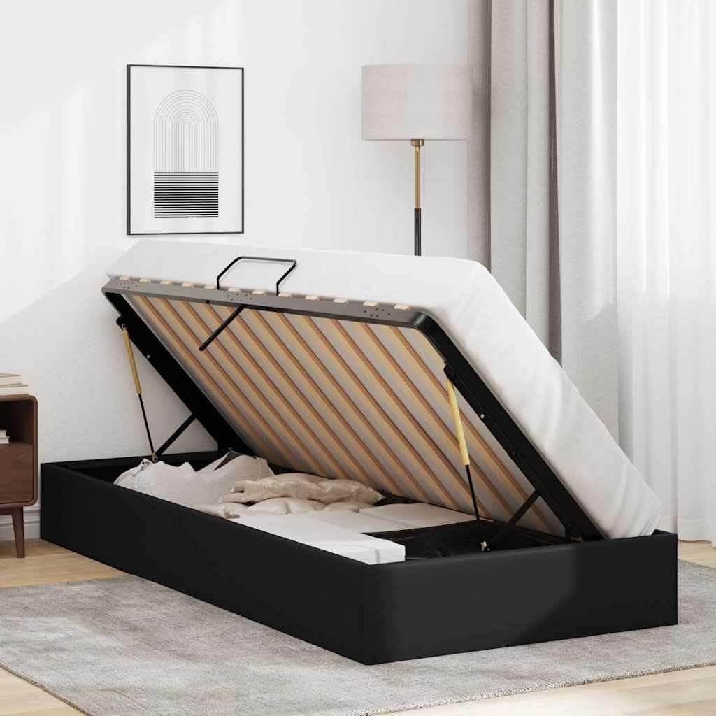 Twin XL Storage Bed with Mattress, Upholstered Faux Leather Platform Bed Frame with Hydraulic Lift Storage, Modern Hydraulic Bedroom Furniture, Black