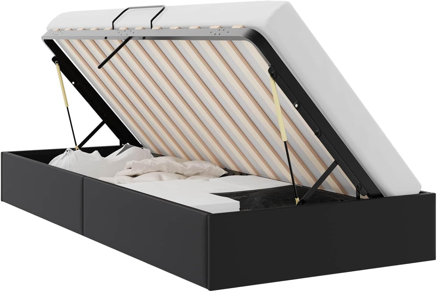Twin XL Storage Bed with Mattress, Upholstered Faux Leather Platform Bed Frame with Hydraulic Lift Storage, Modern Hydraulic Bedroom Furniture, Black